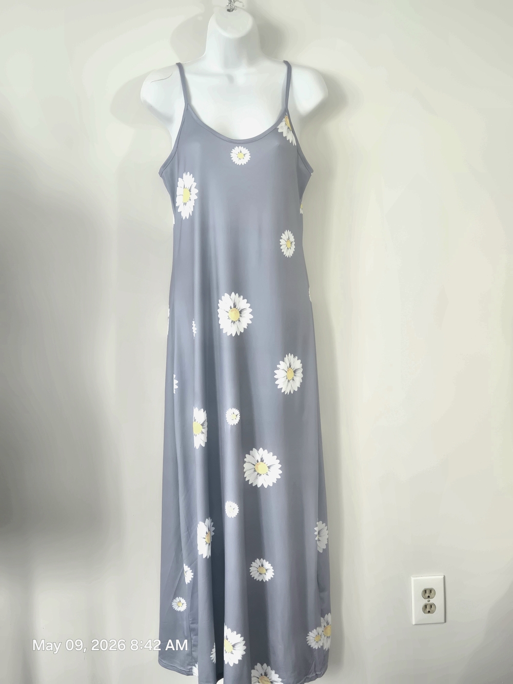 Gray Daisy Slip Maxi Dress with Spaghetti Straps